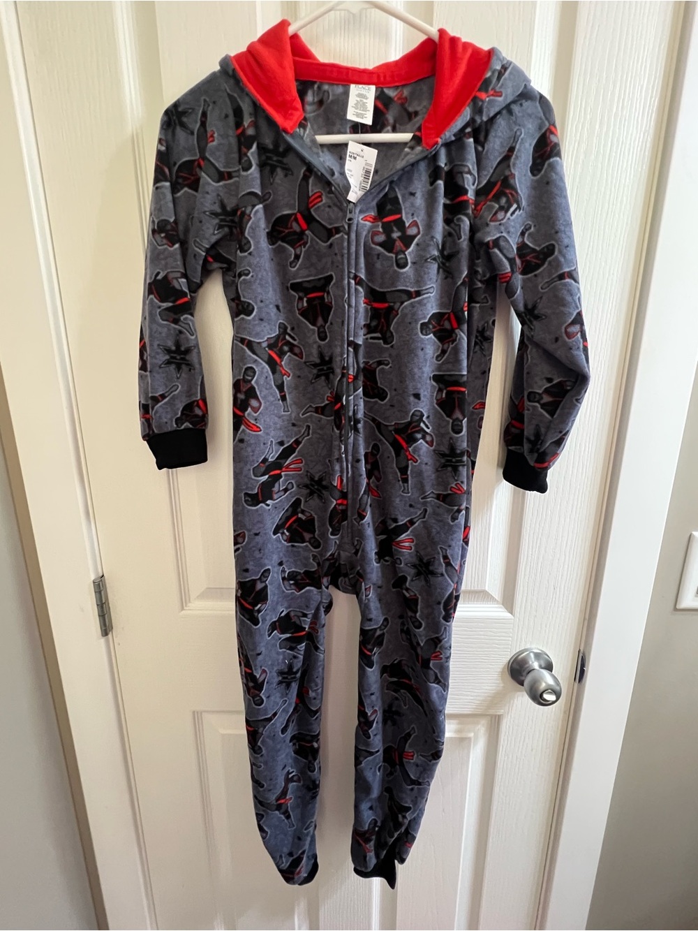 Place Gray Hooded One-Piece Pajamas with Red Lining